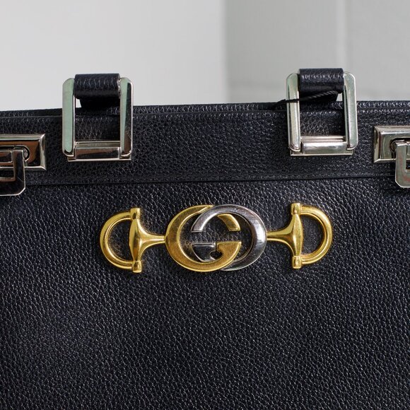 Gucci Zumi Black Leather Top Handle Bag with Multi-tonal Gold & Silver Hardware - Picture 10 of 13